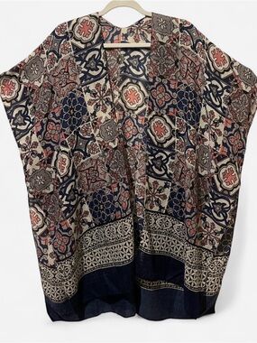 Patterned Open Kimono Cardigan - Navy, Coral & Cream